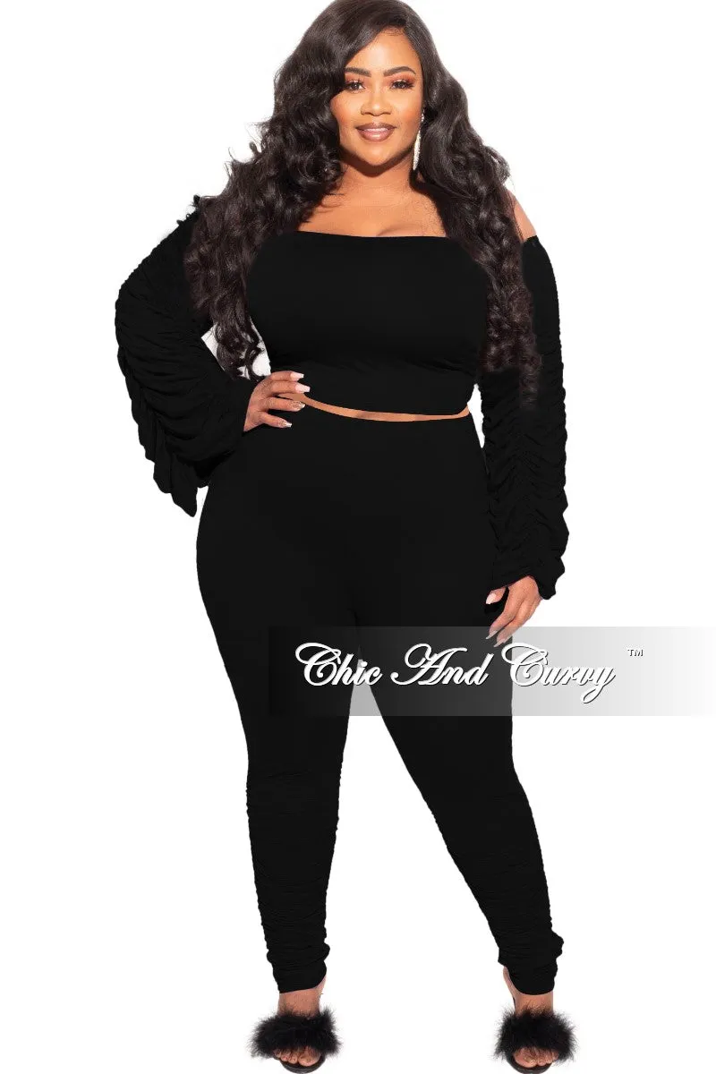 Final Sale Plus Size 2-Piece Set Ruched Top and Pants Set in Black Soft Finish