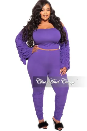 Breathable Weave Fabric Final Sale Plus Size 2-Piece Set Ruched Top and Pants Set in Purple