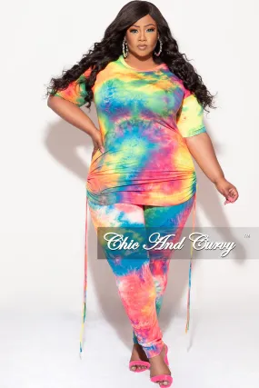 DurablePolyester Final Sale Plus Size 2-Piece Set Side Ruching Top & Pants in Rainbow Tie Dye Print