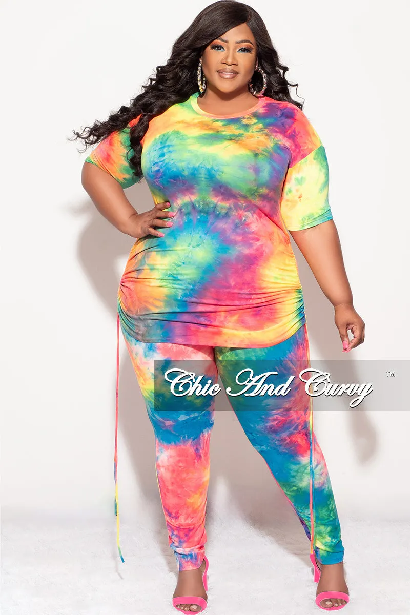 Cozy Design Non Iron Technology Final Sale Plus Size 2-Piece Set Side Ruching Top & Pants in Rainbow Tie Dye Print
