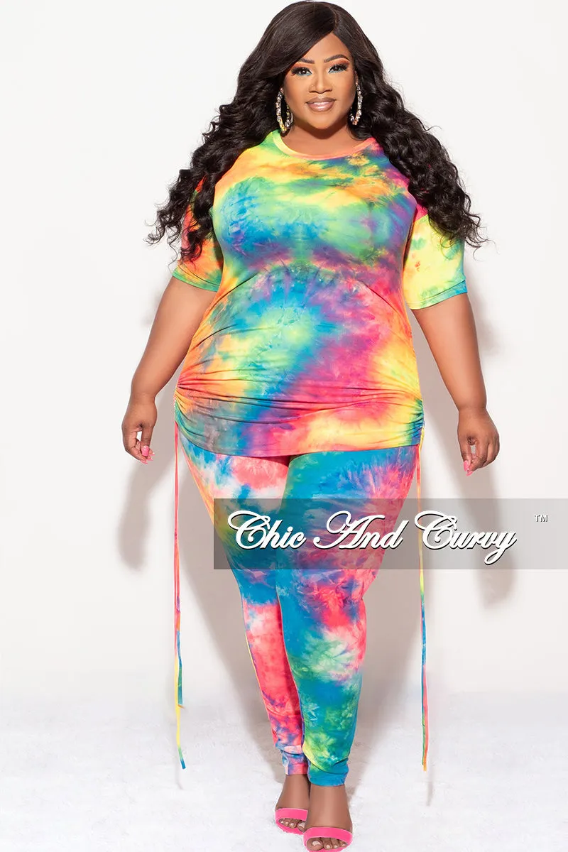 Final Sale Plus Size 2-Piece Set Side Ruching Top & Pants in Rainbow Tie Dye Print Perfect Fit Wear Practical Comfort