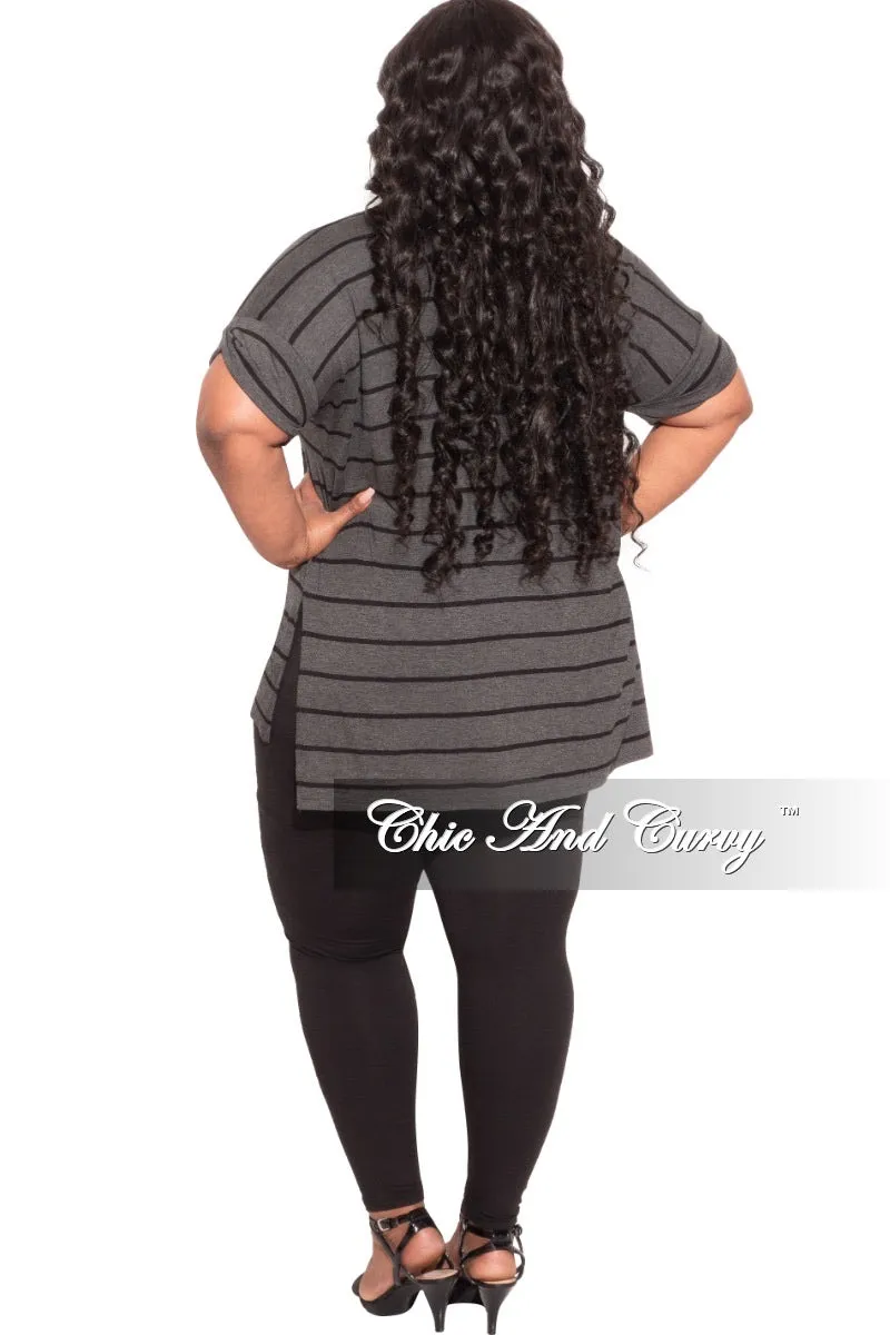 Final Sale Plus Size 2-Piece Striped Top and Solid Legging Set in Black and Grey Stripe Anti Friction Lining Tight Cut