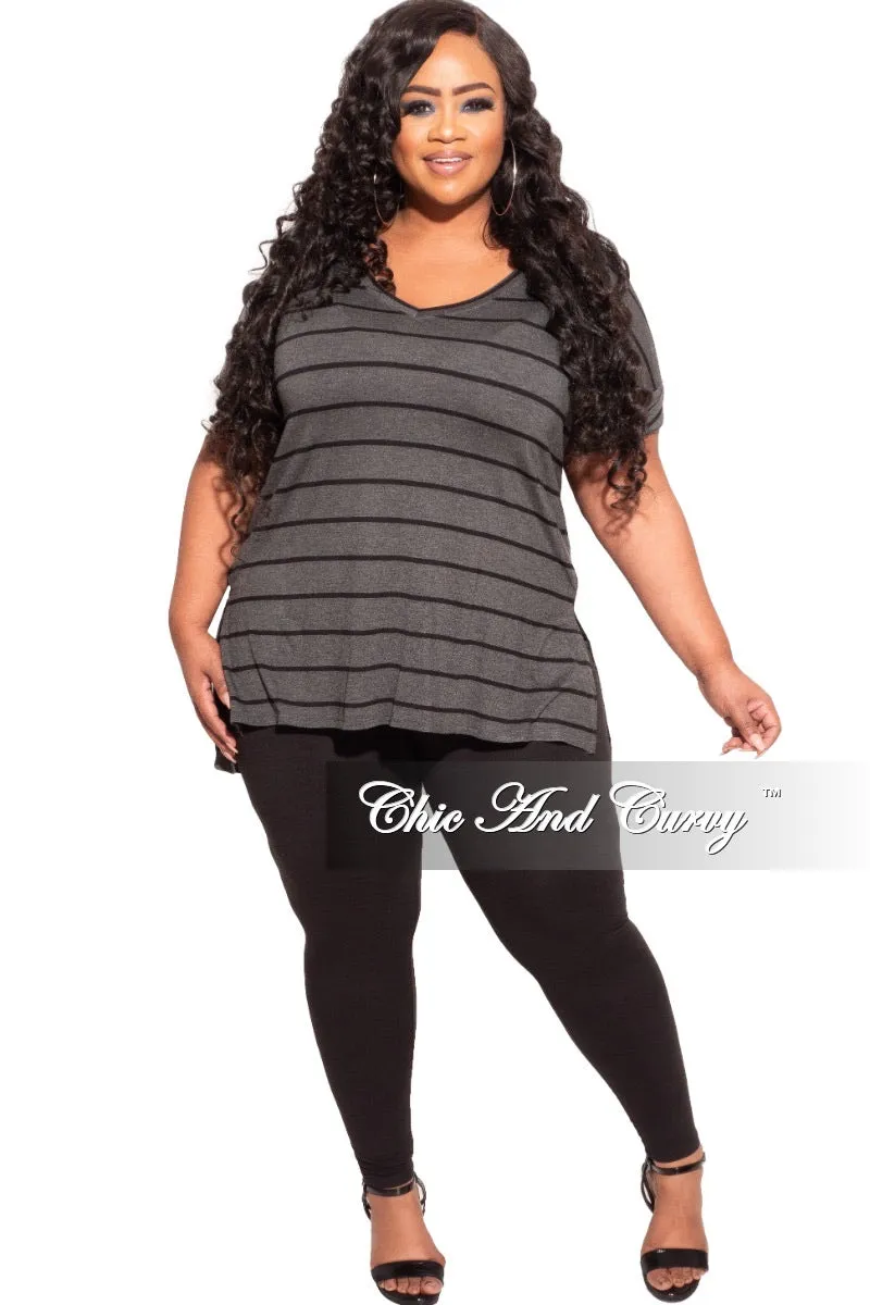 Multipurpose Design Final Sale Plus Size 2-Piece Striped Top and Solid Legging Set in Black and Grey Stripe