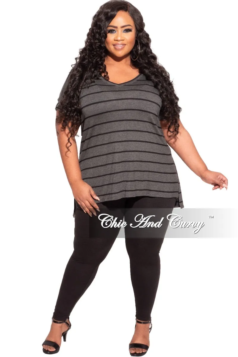 Final Sale Plus Size 2-Piece Striped Top and Solid Legging Set in Black and Grey Stripe AntiPilling Wrinkle Free Fabric