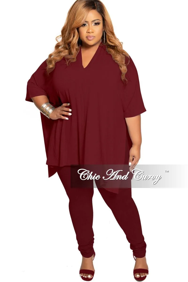 Final Sale Plus Size 2-Piece V-Neck Tunic Top and Matching Legging Set in Burgundy Soft and Stretchy