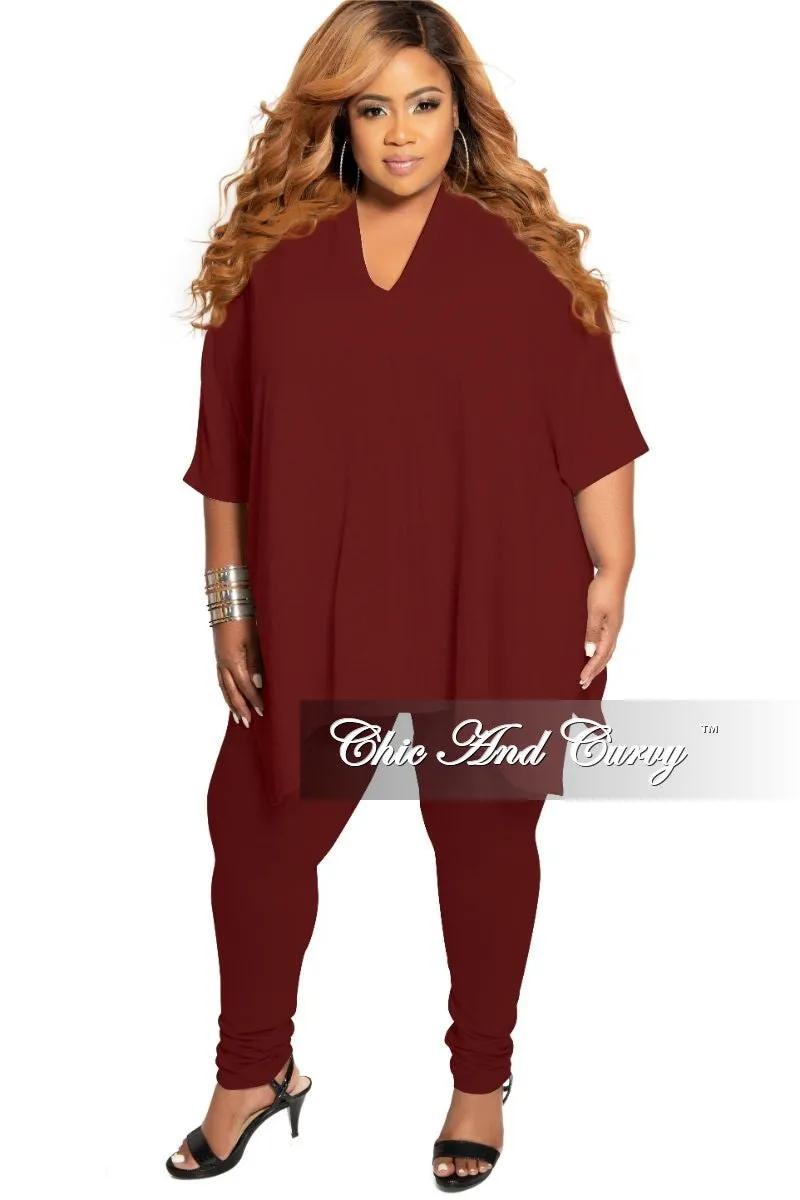 Crisp Design Modular Attachment Final Sale Plus Size 2-Piece V-Neck Tunic Top and Matching Legging Set in Burgundy