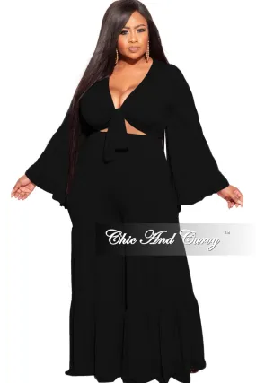 Elastic Fit Relaxed fit wear Final Sale Plus Size 2pc Bell Sleeve Crop Tie Top and 3-Layer Pants Set in Black