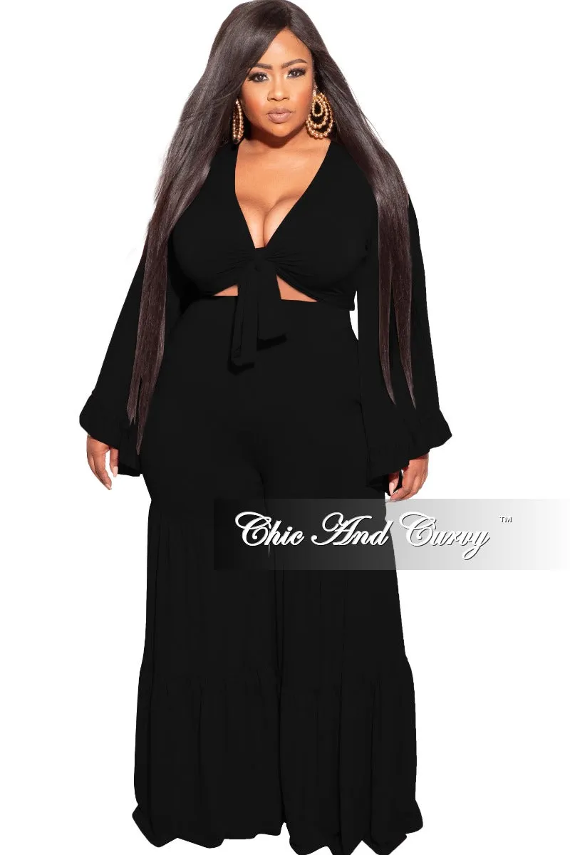 Stretchable Wear Final Sale Plus Size 2pc Bell Sleeve Crop Tie Top and 3-Layer Pants Set in Black