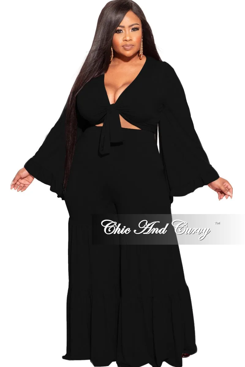 Travel Ready Final Sale Plus Size 2pc Bell Sleeve Crop Tie Top and 3-Layer Pants Set in Black