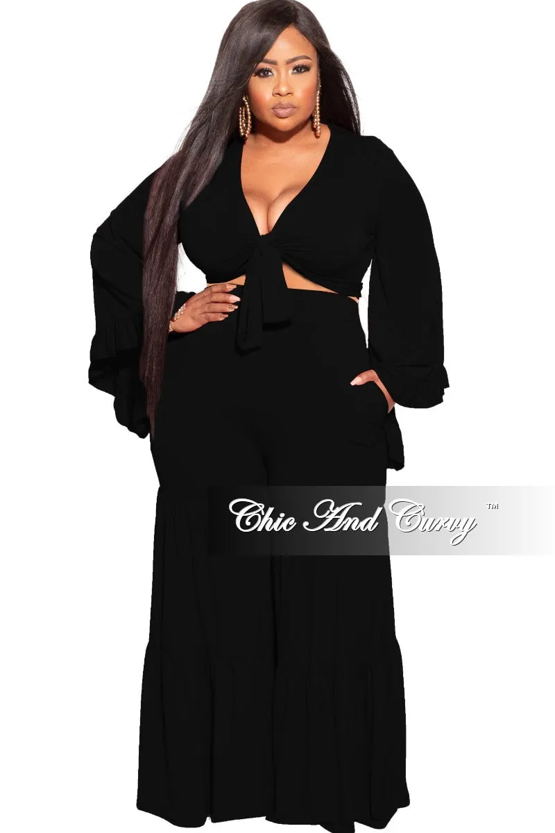 Casual Essentials Workout-ready Final Sale Plus Size 2pc Bell Sleeve Crop Tie Top and 3-Layer Pants Set in Black