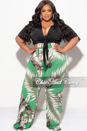 Performance Wear Final Sale Plus Size 2pc Black Collar Crop Tie Top and Pants Set in Green Leaf Print