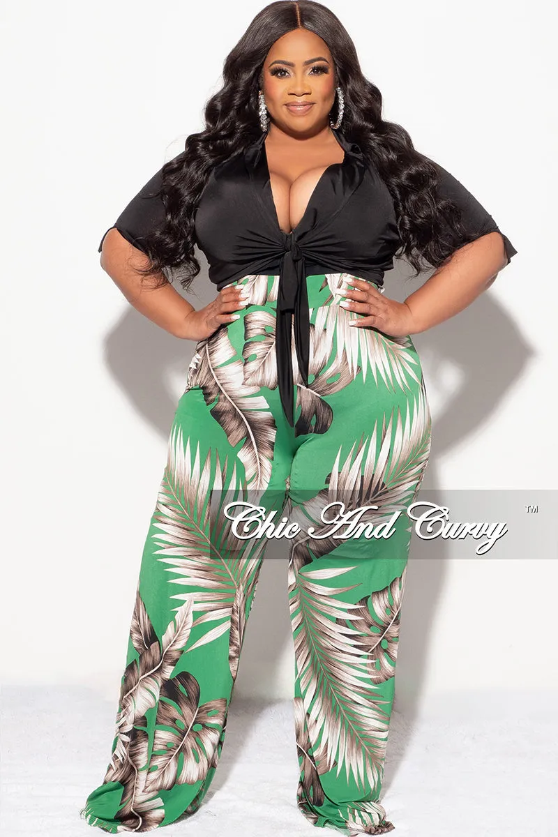Final Sale Plus Size 2pc Black Collar Crop Tie Top and Pants Set in Green Leaf Print Adjustable drawstring
