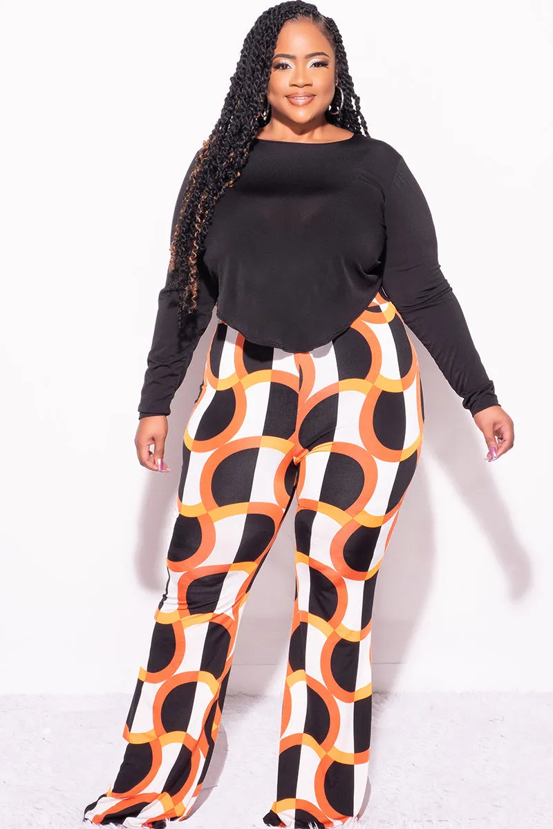 Smart Stretch Final Sale Plus Size 2pc Black Long Sleeve Faux Wrap Collar Crop Tie Top and Pants in Orange & Ivory Design Print