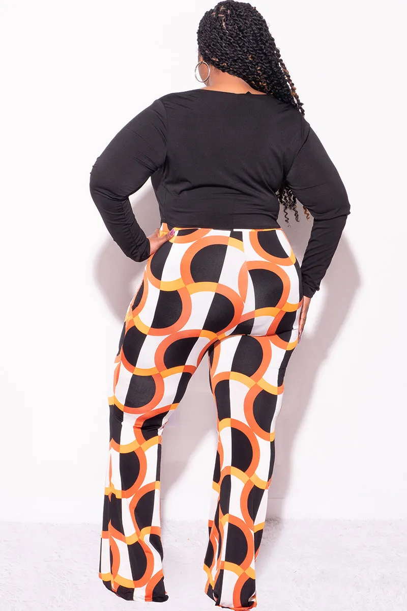 Casual Comfort Wear Recycled Polyester Final Sale Plus Size 2pc Black Long Sleeve Faux Wrap Collar Crop Tie Top and Pants in Orange & Ivory Design Print