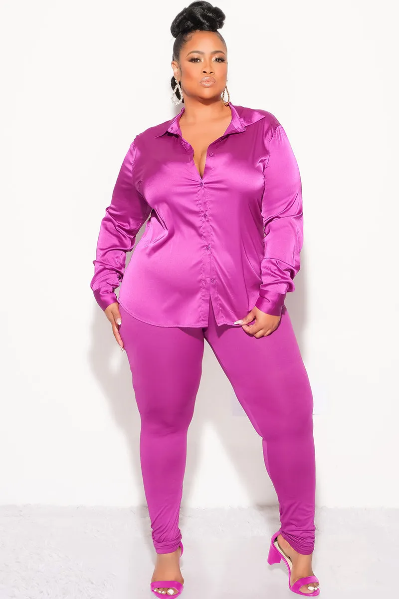 Final Sale Plus Size 2pc Button Up Collar Satin Top and Pants Set in Berry Low Bulk