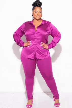 Comfy Movement Fit Final Sale Plus Size 2pc Button Up Collar Satin Top and Pants Set in Berry