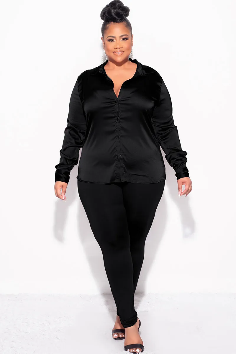 Final Sale Plus Size 2pc Button Up Collar Satin Top and Pants Set in Black ReinforcedStitching Chic Appeal