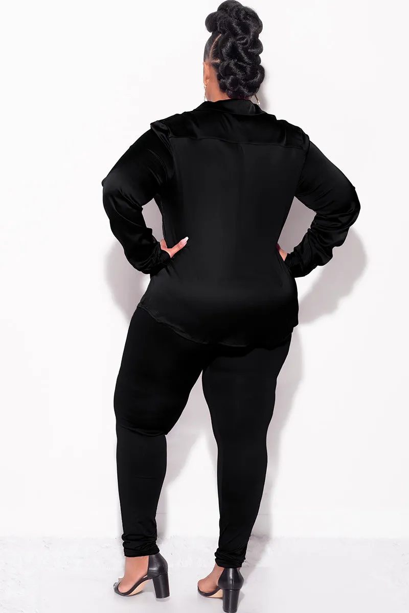 Final Sale Plus Size 2pc Button Up Collar Satin Top and Pants Set in Black Sleek lines