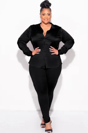 Final Sale Plus Size 2pc Button Up Collar Satin Top and Pants Set in Black Quick Wear Sleek Waist