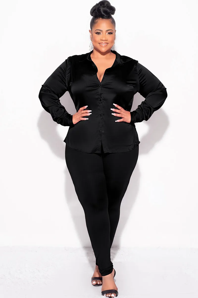 Slim Silhouette Snag Free Fabric Final Sale Plus Size 2pc Button Up Collar Satin Top and Pants Set in Black