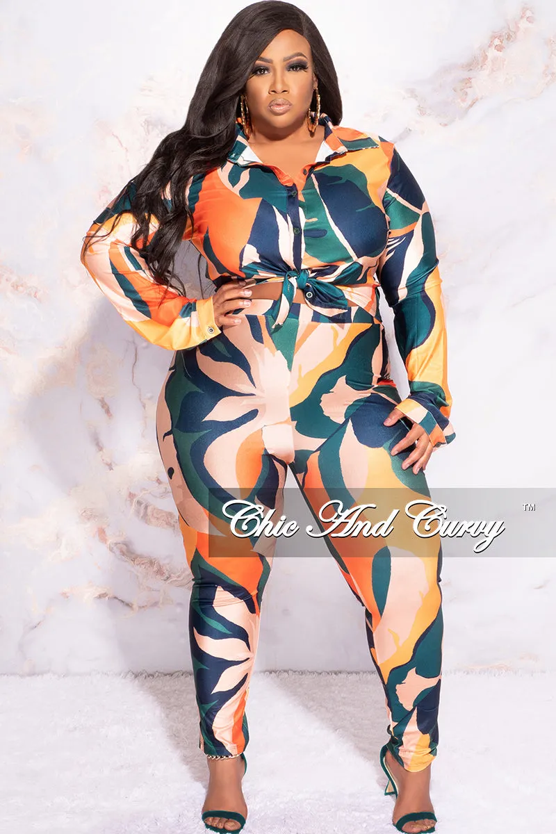 AllDayComfort DurableConstruction Final Sale Plus Size 2pc Button Up Collar Top and Pants Set in Dark Teal Orange Mustard Multi Color Design Print
