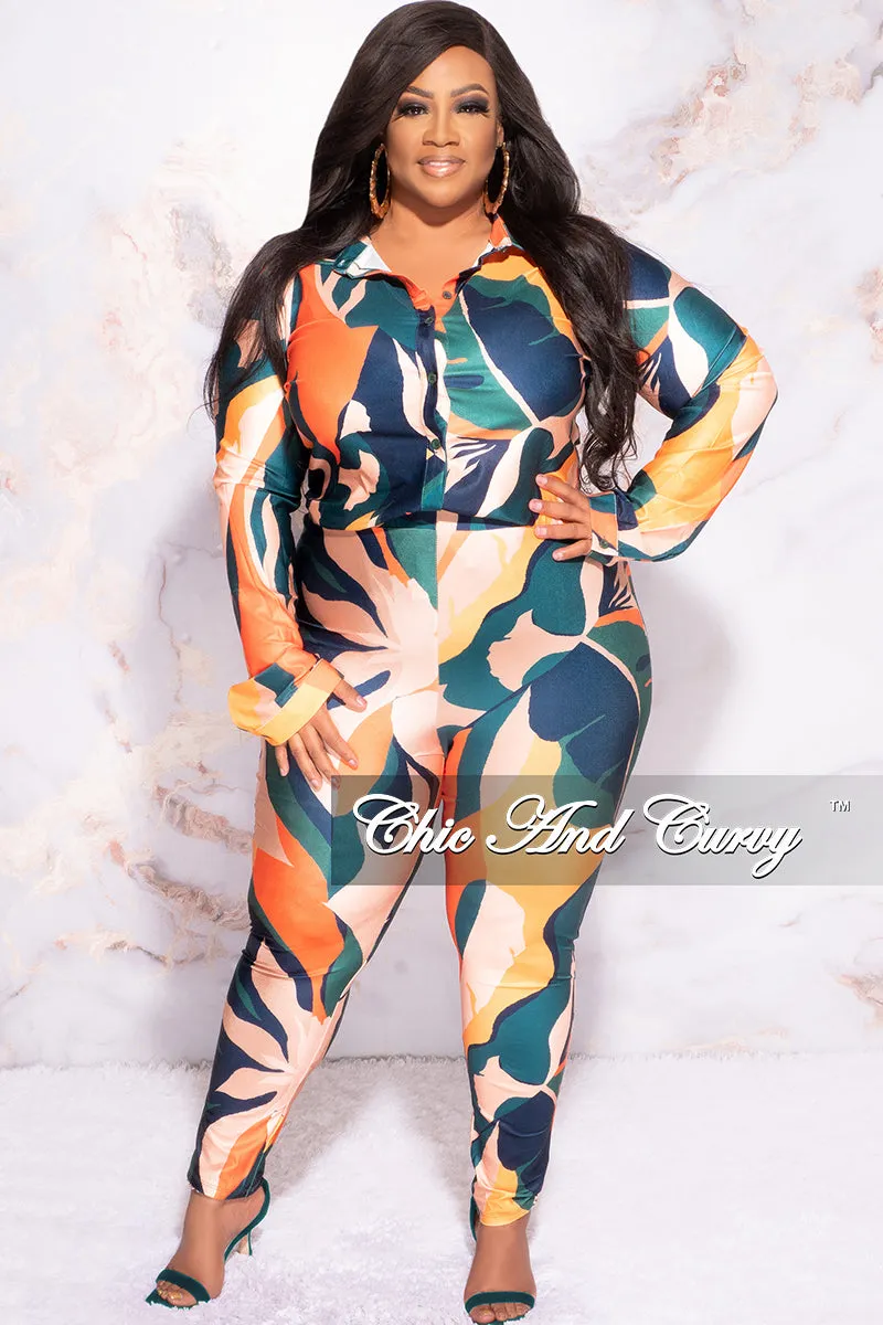 Final Sale Plus Size 2pc Button Up Collar Top and Pants Set in Dark Teal Orange Mustard Multi Color Design Print Minimal Waist
