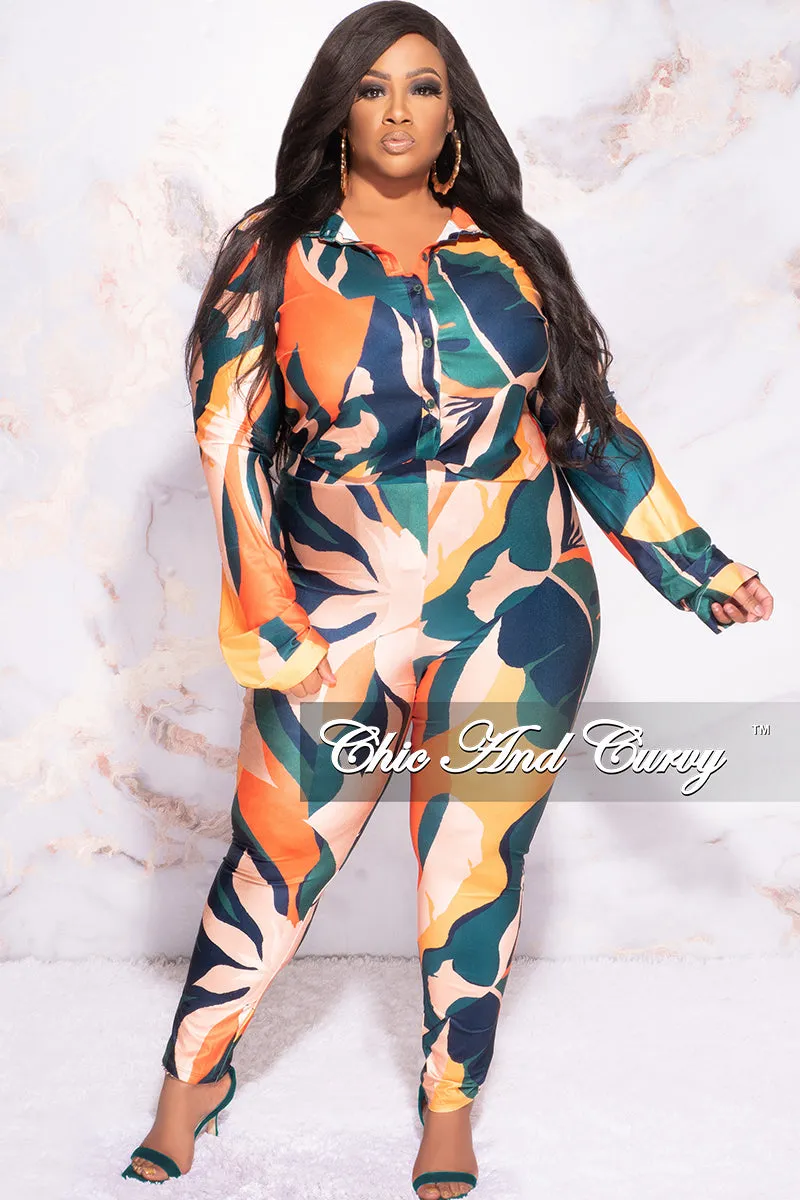 Final Sale Plus Size 2pc Button Up Collar Top and Pants Set in Dark Teal Orange Mustard Multi Color Design Print Tear Resistant Fabric