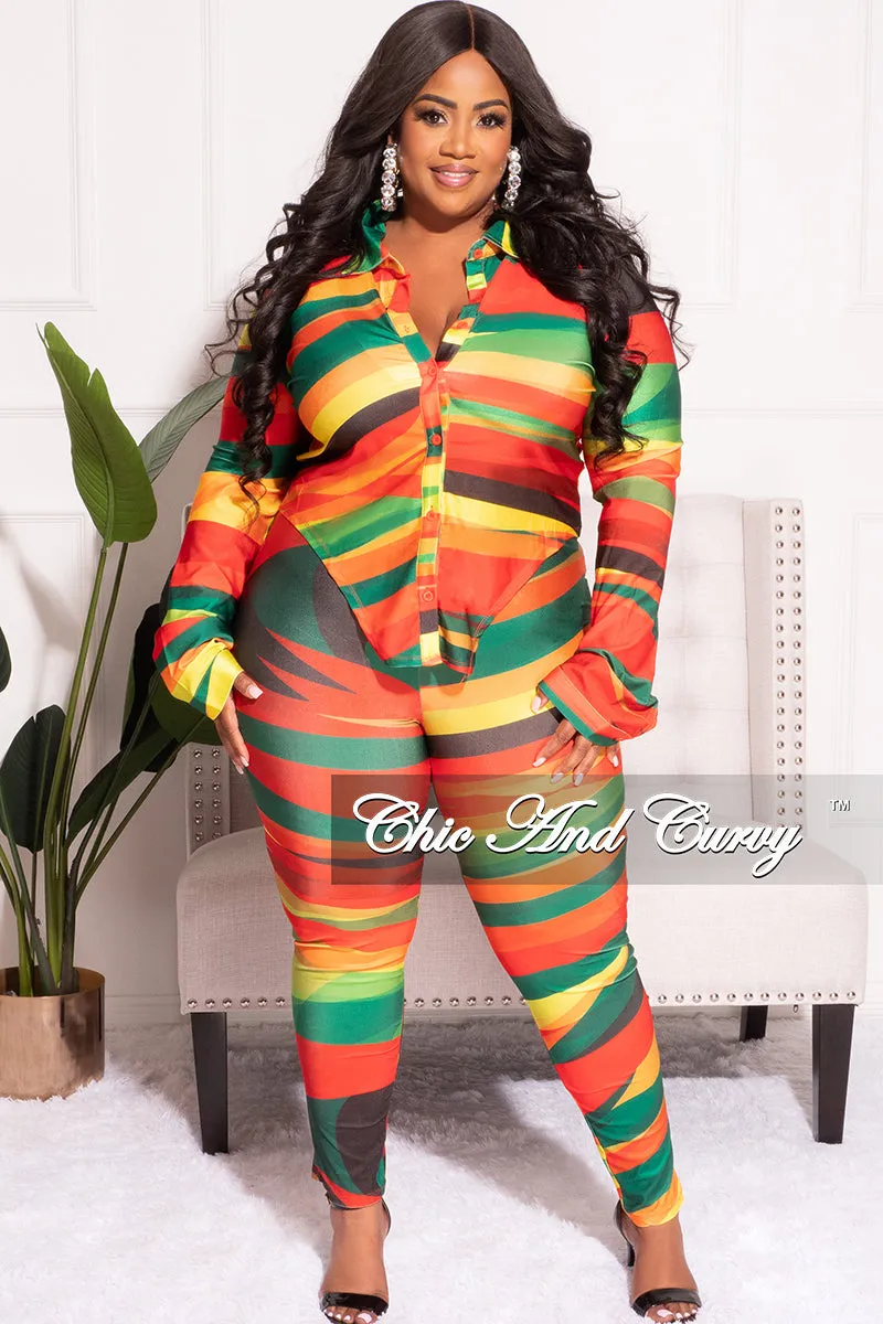 StaticResistantMaterial Final Sale Plus Size 2pc Button Up Collar Top and Pants Set in Multi Color Stripe Print
