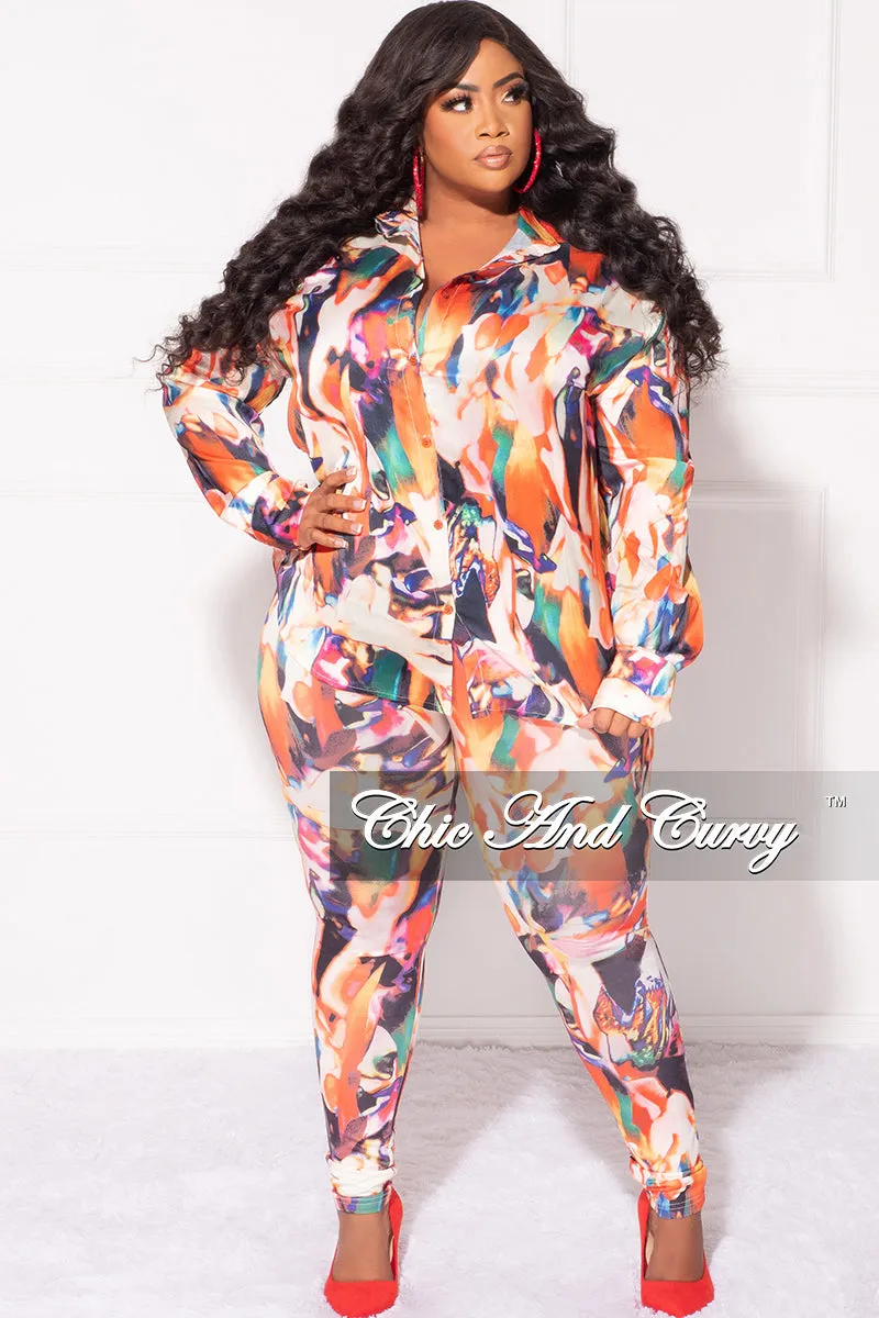 Final Sale Plus Size 2pc Button Up Shirt and Pants Set in Multi Color DaVinci Print Reflective accents