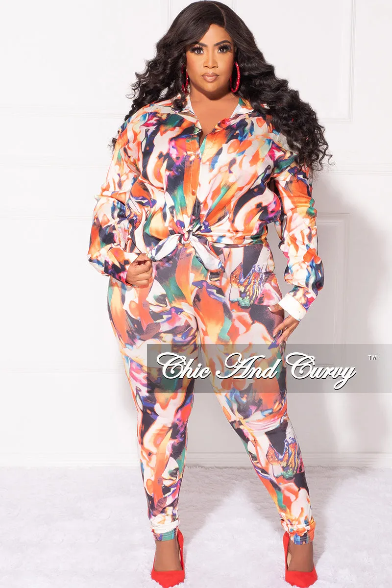 Snug Fit Final Sale Plus Size 2pc Button Up Shirt and Pants Set in Multi Color DaVinci Print