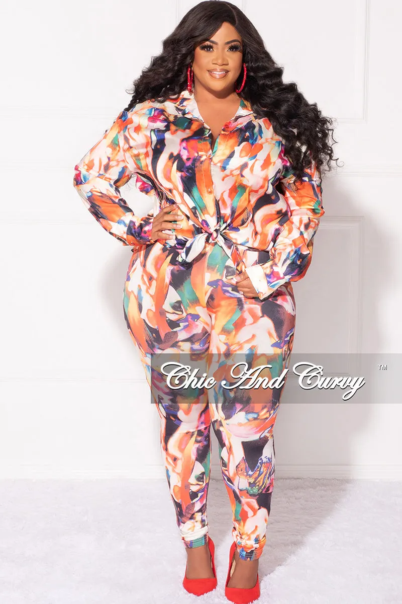 Final Sale Plus Size 2pc Button Up Shirt and Pants Set in Multi Color DaVinci Print Active Look