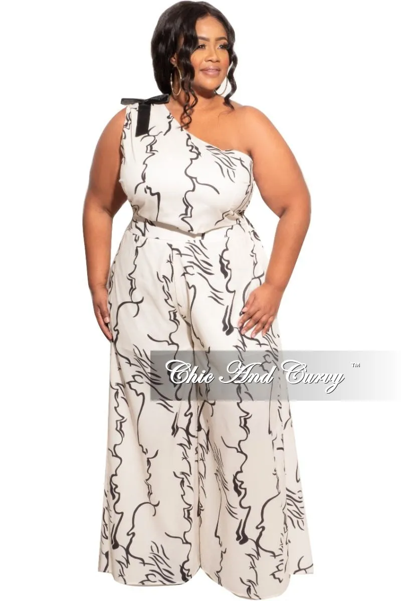 Final Sale Plus Size 2pc Chiffon One Shoulder Top & Palazzo Pants in Ivory and Black Design windproof