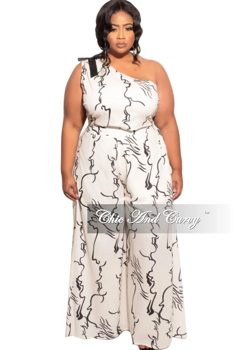 Chic Fit Comfy Design Final Sale Plus Size 2pc Chiffon One Shoulder Top & Palazzo Pants in Ivory and Black Design