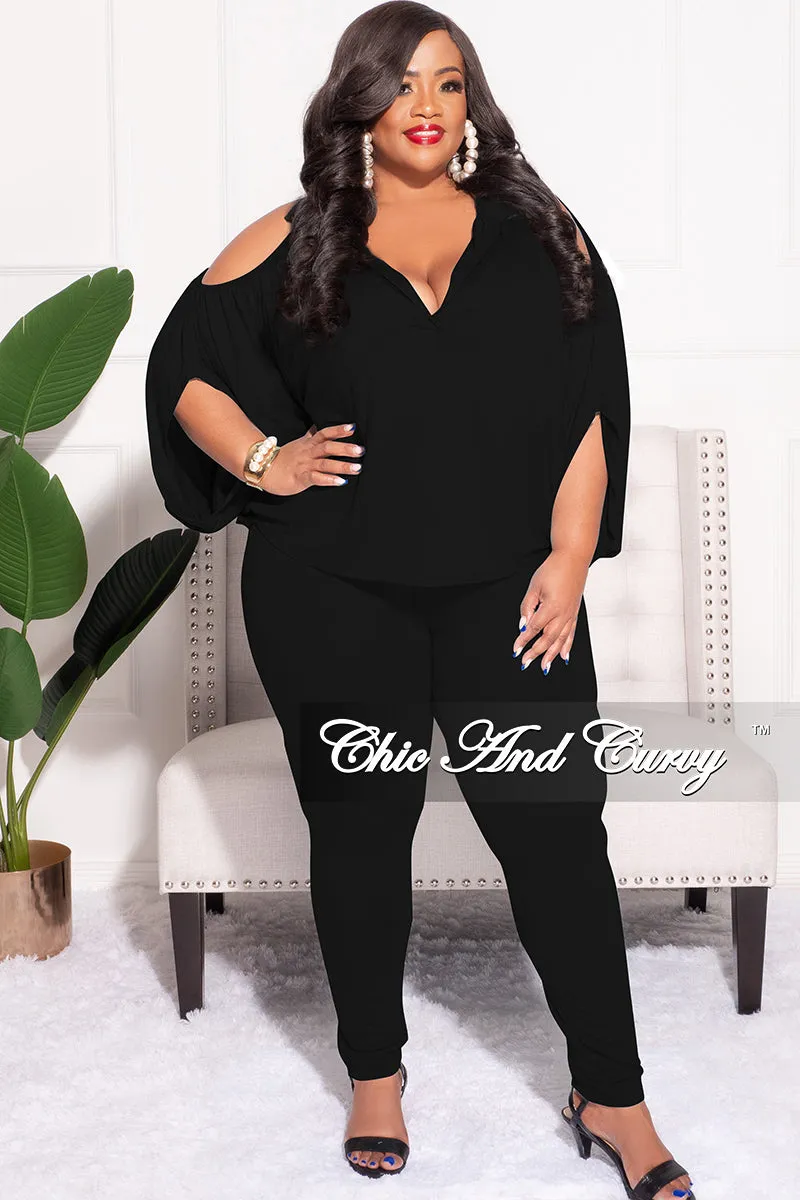 Chilly Weather Comfort Tough Stretch Final Sale Plus Size 2pc Cold Shoulder Shirt Top and Pants in Black