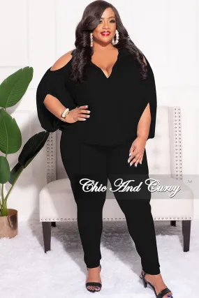 Chilly Weather Comfort Tough Stretch Final Sale Plus Size 2pc Cold Shoulder Shirt Top and Pants in Black