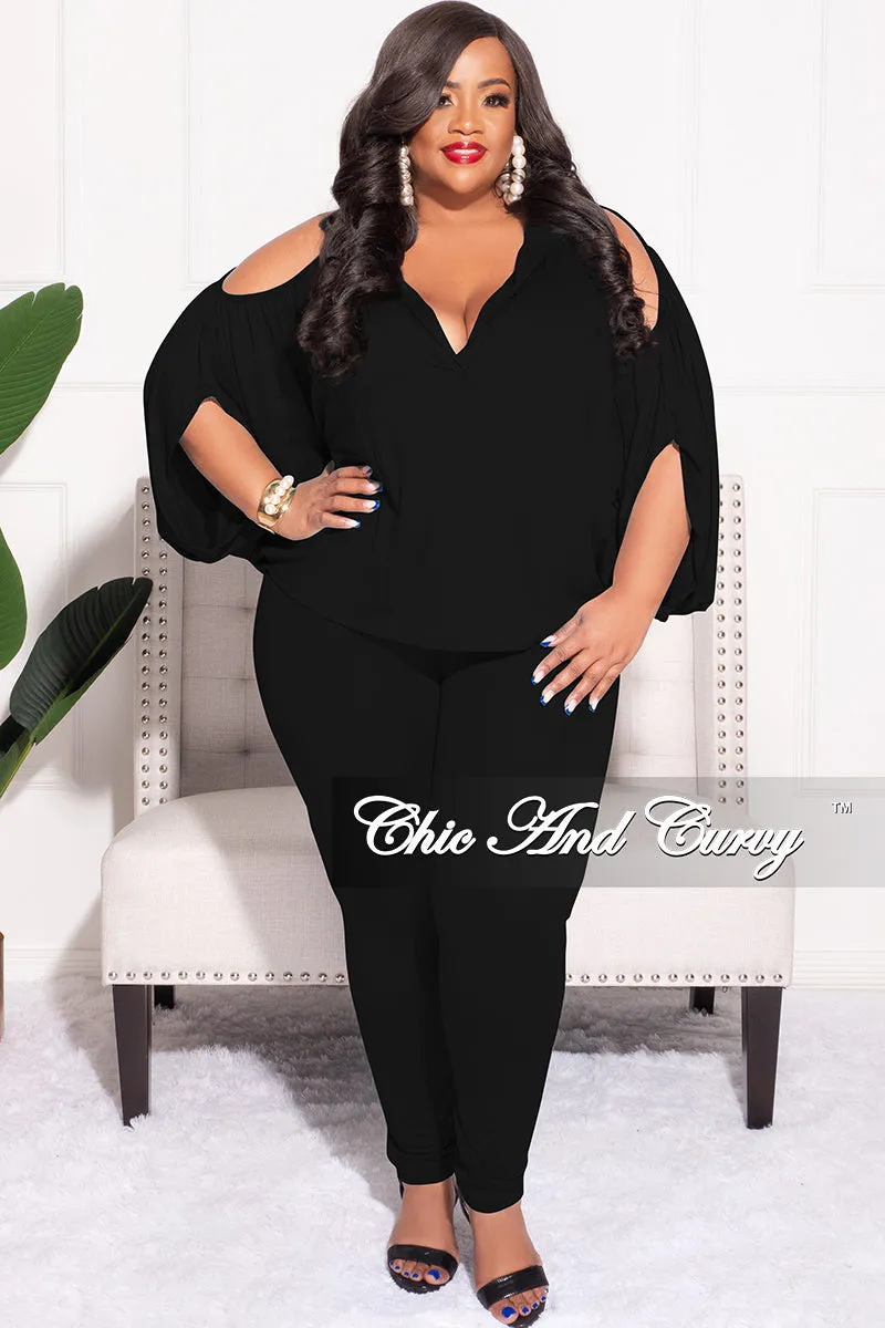 Travel Fit Breathable Mesh Panels Final Sale Plus Size 2pc Cold Shoulder Shirt Top and Pants in Black