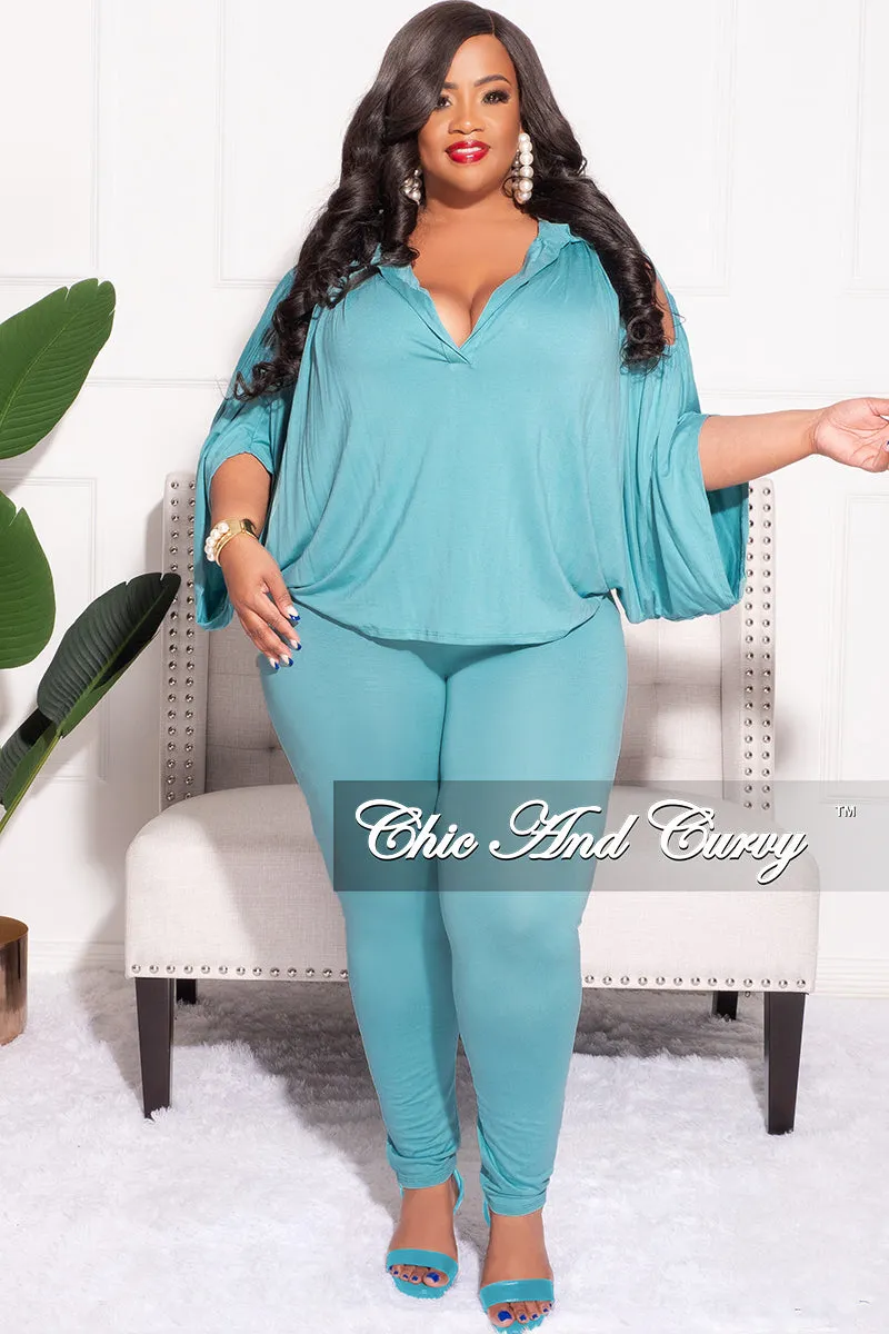 Reinforced Stress Points Comfy Essentials Wear Final Sale Plus Size 2pc Cold Shoulder Shirt Top and Pants Nile Blue