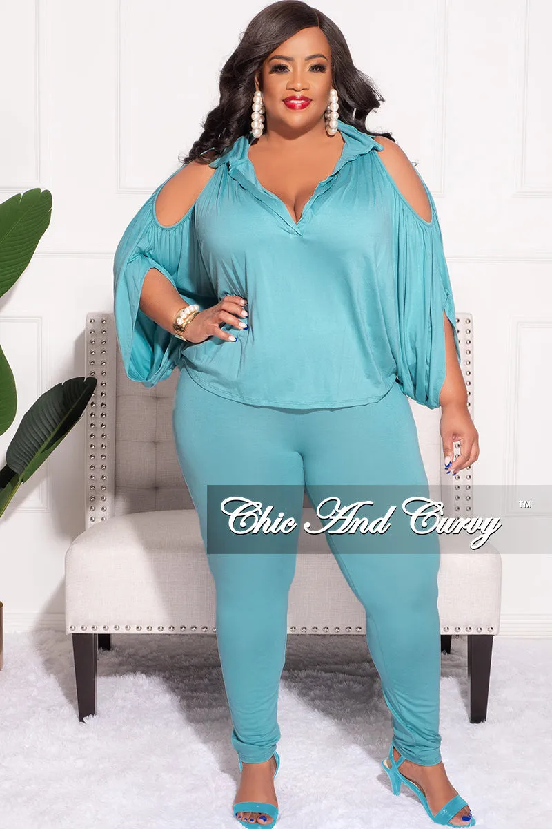 Final Sale Plus Size 2pc Cold Shoulder Shirt Top and Pants Nile Blue Elastic waist