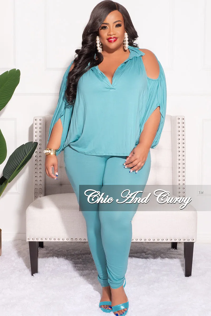 Stretching Fit Final Sale Plus Size 2pc Cold Shoulder Shirt Top and Pants Nile Blue