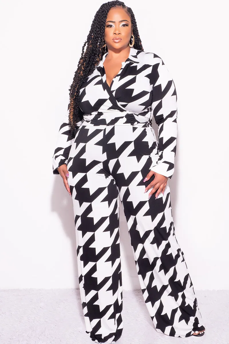Active Flex Final Sale Plus Size 2pc Collar Crop Faux Wrap Tie Top and Pants Set in Black & Off White Houndstooth Print