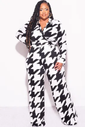 MoistureWickingLining Final Sale Plus Size 2pc Collar Crop Faux Wrap Tie Top and Pants Set in Black & Off White Houndstooth Print