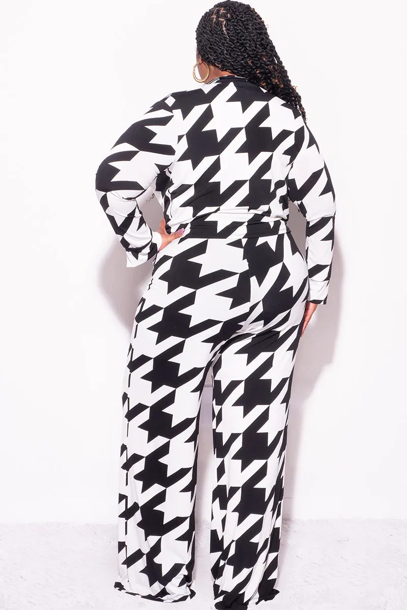 Minimal Fit Final Sale Plus Size 2pc Collar Crop Faux Wrap Tie Top and Pants Set in Black & Off White Houndstooth Print
