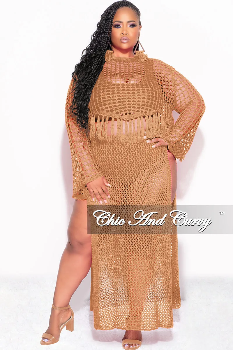 Final Sale Plus Size 2pc Crochet Set Knit Crop Top & Skirt in Mocha Convertible legs