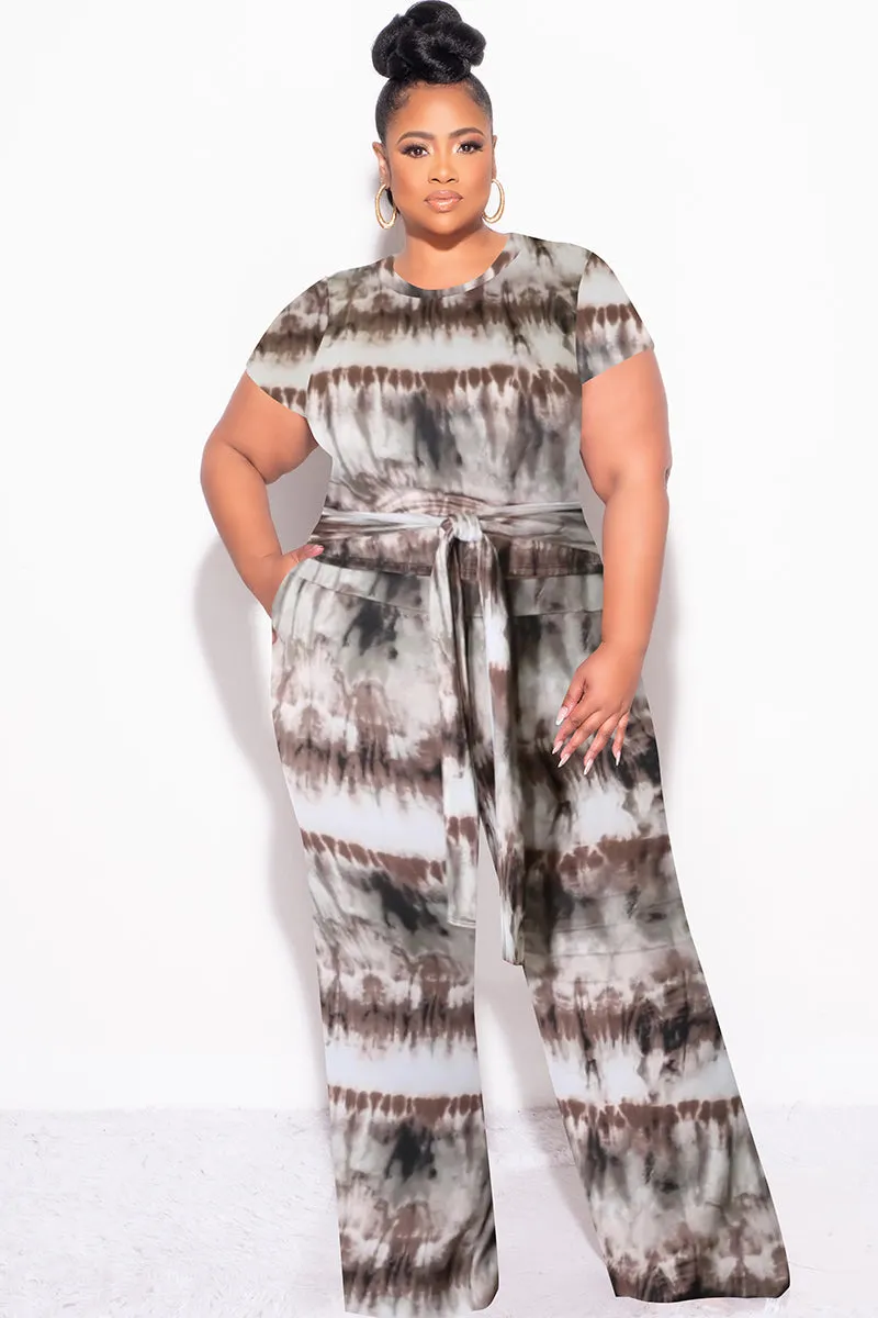 Office Friendly Final Sale Plus Size 2pc Crop Tie Top and Pants Set in Brown & Cream Tie Dye Print