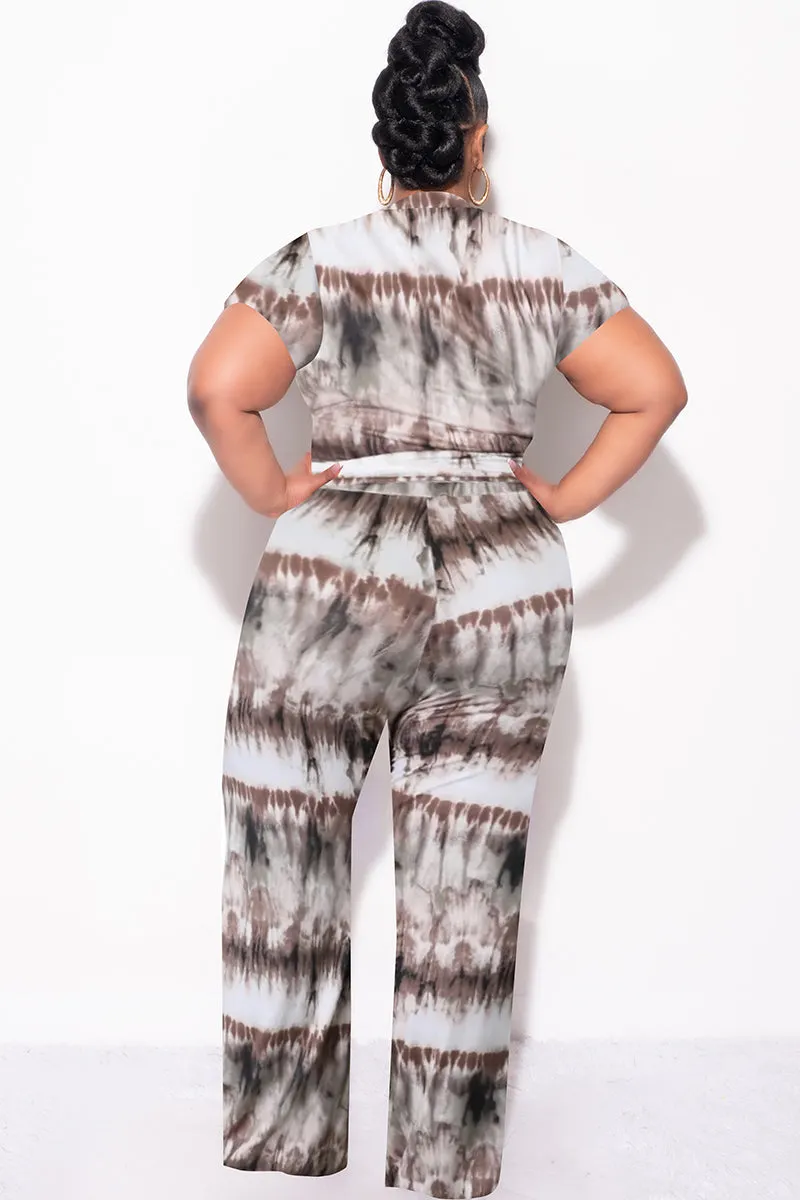 All weather Final Sale Plus Size 2pc Crop Tie Top and Pants Set in Brown & Cream Tie Dye Print