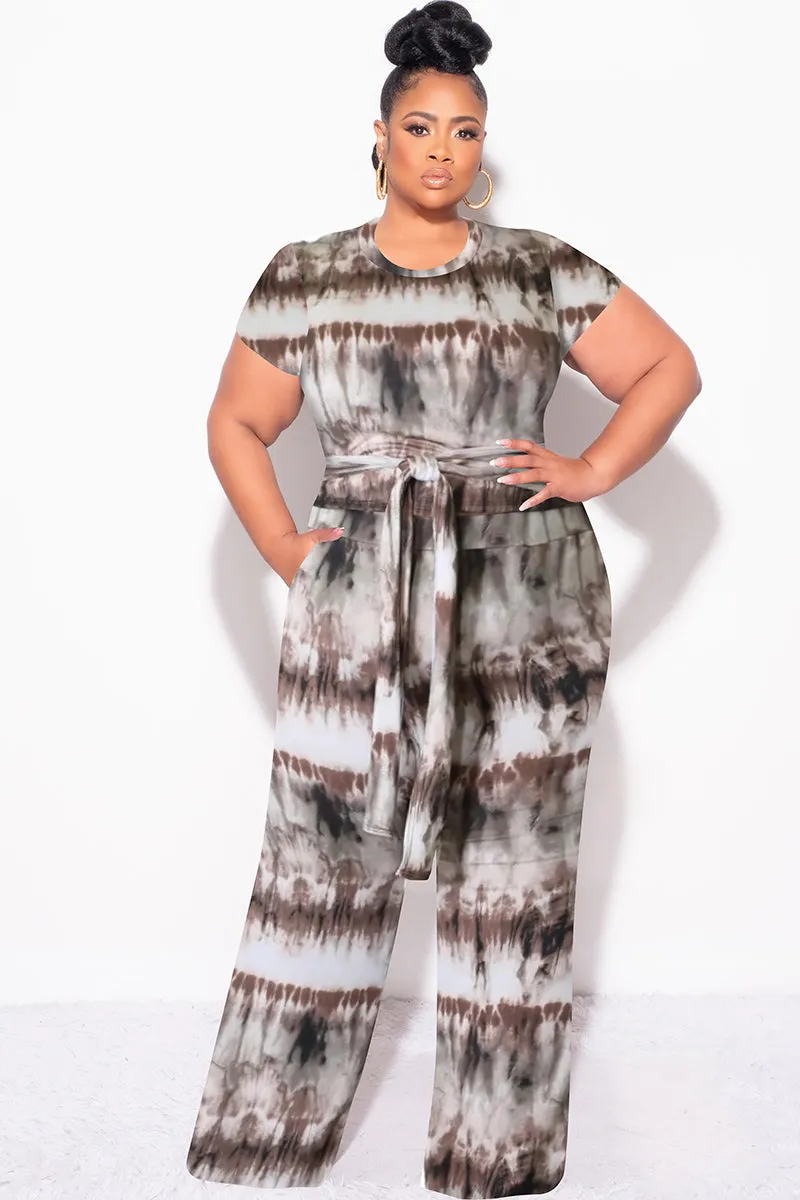 Daily Comfort Fit Ventilated Panels Final Sale Plus Size 2pc Crop Tie Top and Pants Set in Brown & Cream Tie Dye Print