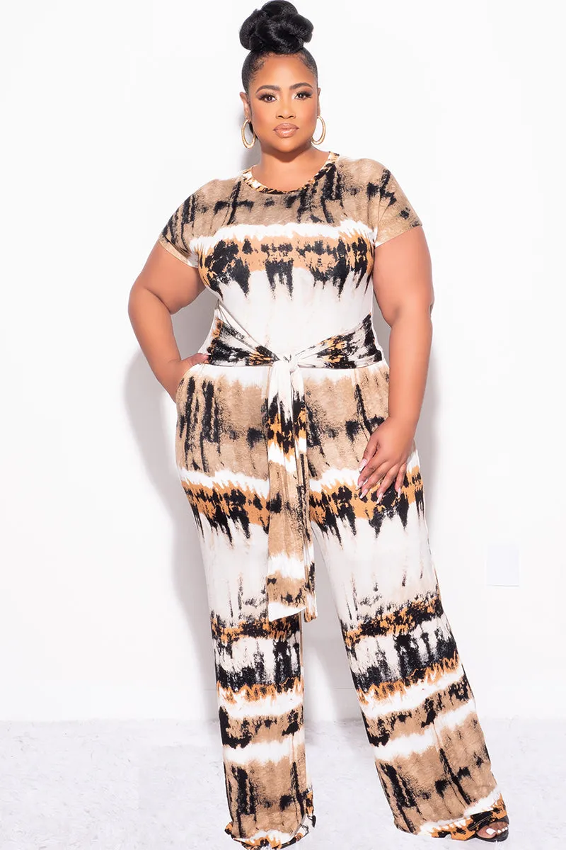 Moisture Management Final Sale Plus Size 2pc Crop Tie Top and Pants Set in Ivory, Tan, Mustard and Black