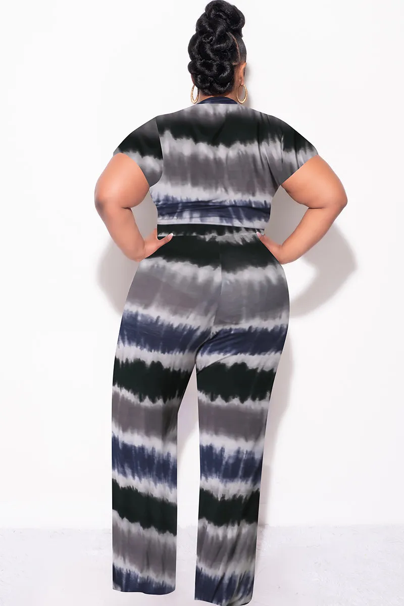 DurablePolyester Breathable fabric Final Sale Plus Size 2pc Crop Tie Top and Pants Set in Navy & Grey