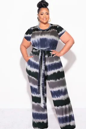 Chilly Day Layers Final Sale Plus Size 2pc Crop Tie Top and Pants Set in Navy & Grey
