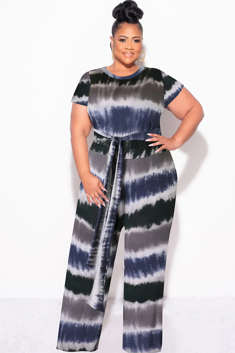 Warm Fit Final Sale Plus Size 2pc Crop Tie Top and Pants Set in Navy & Grey